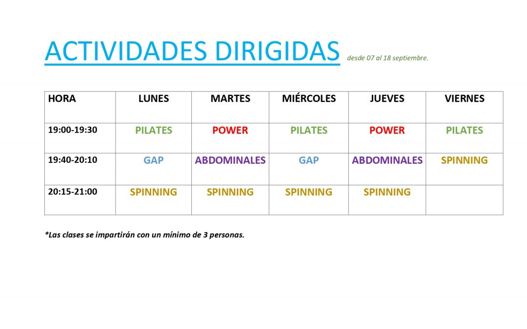 HORARIO ACT. DIRIGIDAS 7 al 18 Septiembre